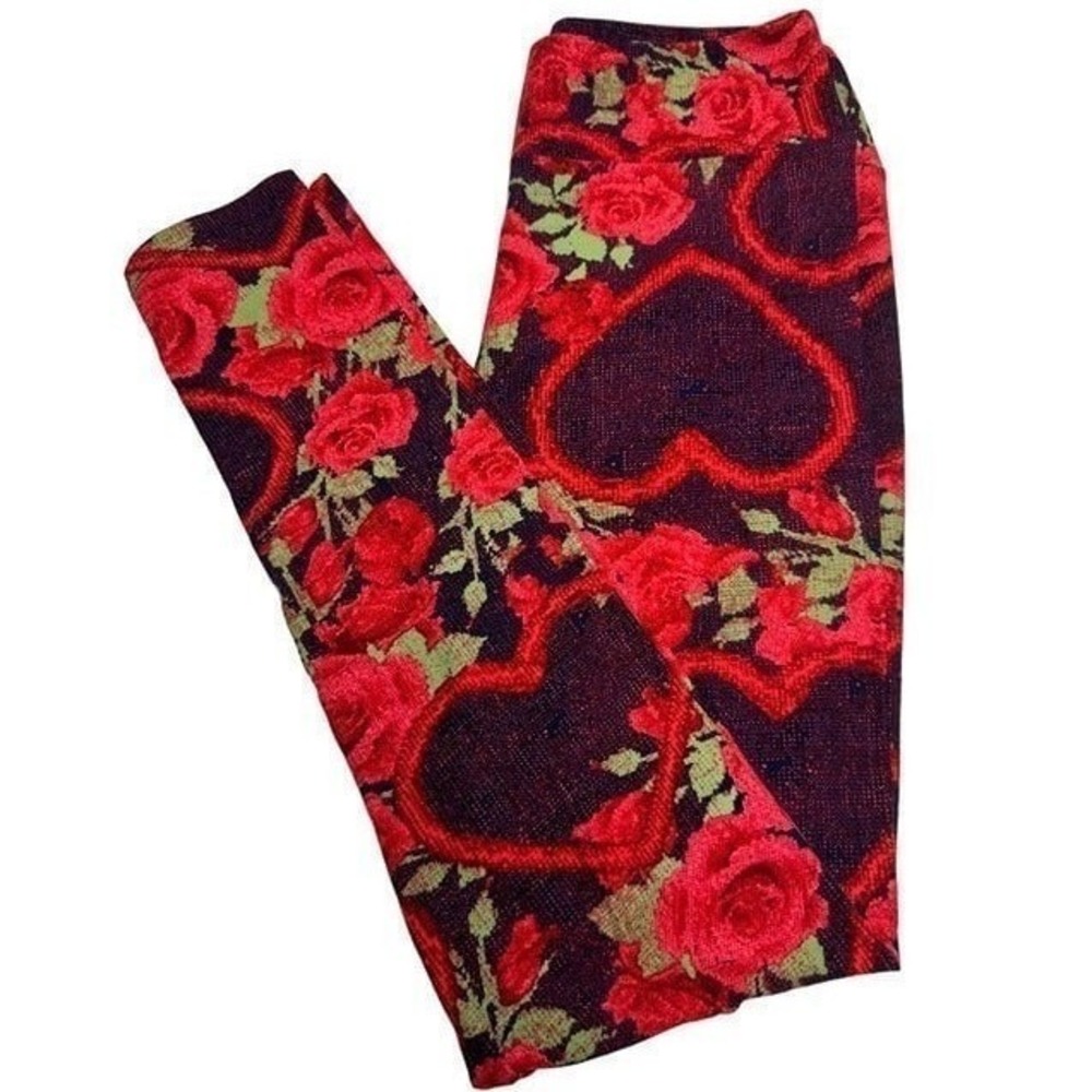 LuLaRoe Leggings One Size OS Red Purple Rose Floral Heart Print Buttery Soft